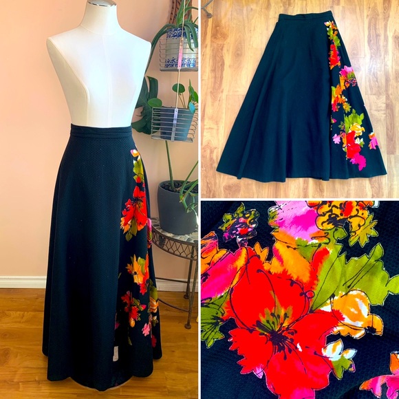 Vintage Union Label Black & Floral Appliqué A-Line Full Maxi Skirt - Picture 1 of 11